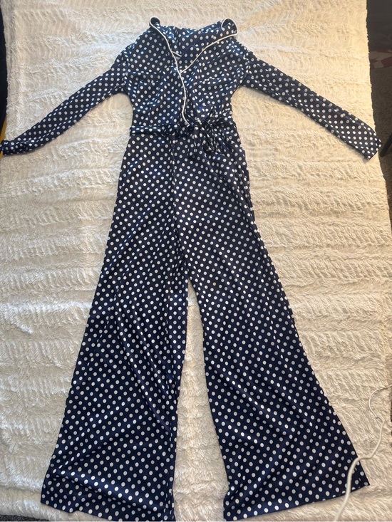 Vintage Pants - Vintage 70s Polka Dot Wide Leg Jumpsuit Tie Waist Disco Mod